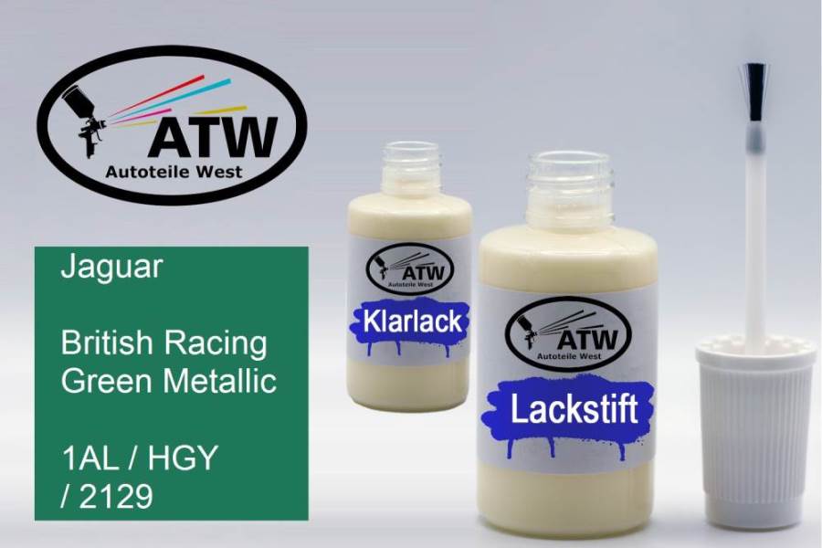 Jaguar, British Racing Green Metallic, 1AL / HGY / 2129: 20ml Lackstift + 20ml Klarlack - Set, von ATW Autoteile West.